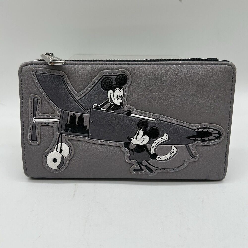 Loungefly Disney Mickey Mouse Plane Crazy Retro Faux Leather Gray Flap Wallet